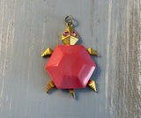 Beautiful Vintagee Turtle Pendant Gold Tone, Pink Rhinestone Eyes, & Pink Shell