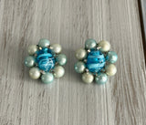 Vintage Bead Cluster Clip On Earrings Blue Beads Signed Japan