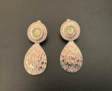 Cute Vintage Clip On Earrings Gold / Copper Tone Metal w Lime Moonglow Cabochons