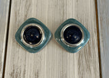 Love These! Silver Tone Metal w Teal & Navy Enamel Funky Mod Pierced Earrings