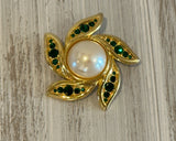 Monet Stunning Vintage Brooch Green Rhinestones & Faux Pearl Center