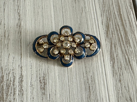 Gorgeous Vintage Brooch Gold Tone w Blue Enamel & Sparkly Rhinestones