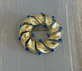 Stunning Vintage Wreath Style Brooch w Dazzling Blue Rhinestones