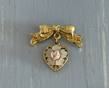 Beautiful 1928 (?) Vintage Brooch Bow & Dangling Heart w Porcelain Rose Flower