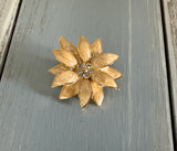 Flower Power Vintage Brooch Gold Tone Beige Enamels Sparkly Rhinestones