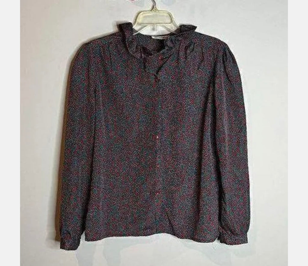 Bethany Fabulous Vintage Blouse Sz M (?) Burgundy w Teal Polka Dot Button Down