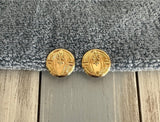 Fabulous Vintage Clip On Earrings Shiny Gold Tone Metal Buttons w Raised Design