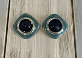 Love These! Silver Tone Metal w Teal & Navy Enamel Funky Mod Pierced Earrings