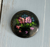 Gorgeous Hand Painted Floral Brooch Black w Flowers Made in Russia