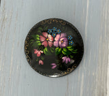 Gorgeous Hand Painted Floral Brooch Black w Flowers Made in Russia