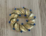 Stunning Vintage Wreath Style Brooch w Dazzling Blue Rhinestones