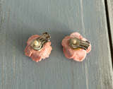 Beautiful Vintage Clip On Earrings Pink Carved Flowers / Roses