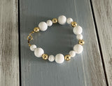 Awesome Vintage Beaded Bracelet White Plastic & Gold Tone Metal Beads