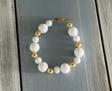 Awesome Vintage Beaded Bracelet White Plastic & Gold Tone Metal Beads