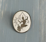 Unique Vintage Brooch Signed Japan White Enamel w Etched Niello Dancer
