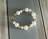 Awesome Vintage Beaded Bracelet White Plastic & Gold Tone Metal Beads