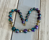 Beautiful Vintage Beaded Necklace w Gold Tone & Teal & Purple Swirl Beads