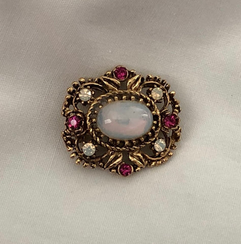 Gorgeous Vintage Brooch w Moonglow Cabochon & Plum Purple Rhinestones