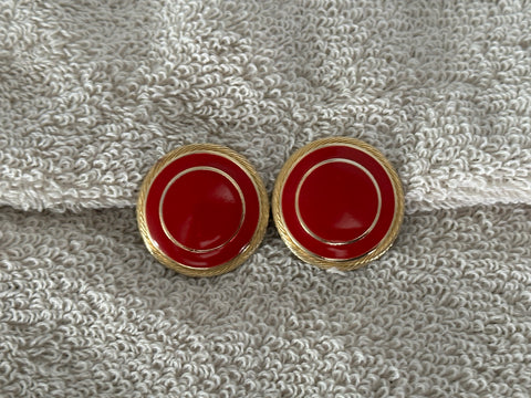 Retro Fantastic Vintage Clip On Earrings Gold Tone & Red Enamel