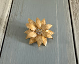 Flower Power Vintage Brooch Gold Tone Beige Enamels Sparkly Rhinestones