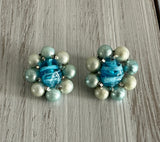 Vintage Bead Cluster Clip On Earrings Blue Beads Signed Japan