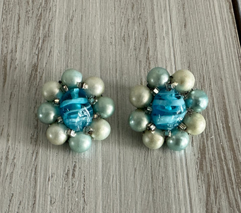 Vintage Bead Cluster Clip On Earrings Blue Beads Signed Japan