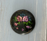 Gorgeous Hand Painted Floral Brooch Black w Flowers Made in Russia