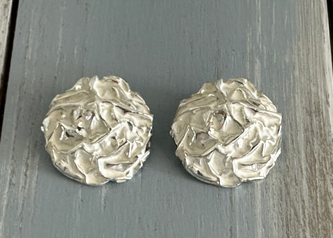 Sarah Coventry Vintage Clip On Earrings Silver Tone & White Enamel "Powder Puff"