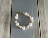 Awesome Vintage Beaded Bracelet White Plastic & Gold Tone Metal Beads