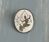 Unique Vintage Brooch Signed Japan White Enamel w Etched Niello Dancer