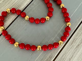 Napier Fabulous Vintage Beaded Necklace Red & Gold Tone Beads Pat #