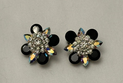 Glamorous Vintage Rhinestone Clip On Earrings Black Clear & Aurora Borealis