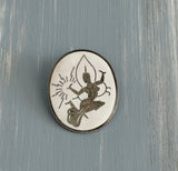 Unique Vintage Brooch Signed Japan White Enamel w Etched Niello Dancer