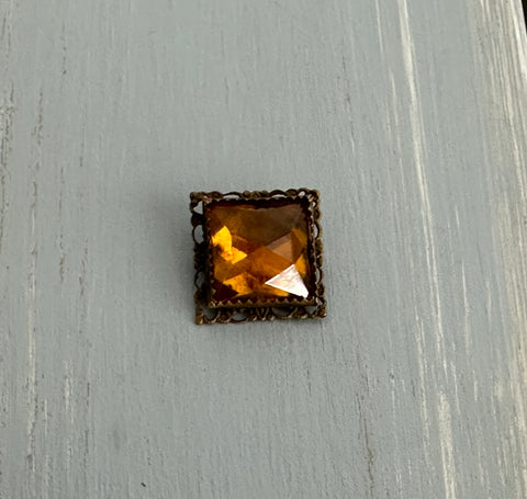 Gorgeous Vintage Small Brooch Pin Square w Gold Rhinestone