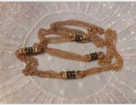 Vintage Longer Length Multi Chain Necklace Gold Tone w Green Rhinestones Links