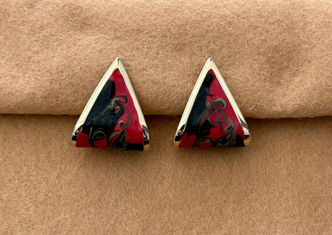 Super Retro Cool Enamel Funky Pierced Earrings Gold Tone Red Blue Enamel