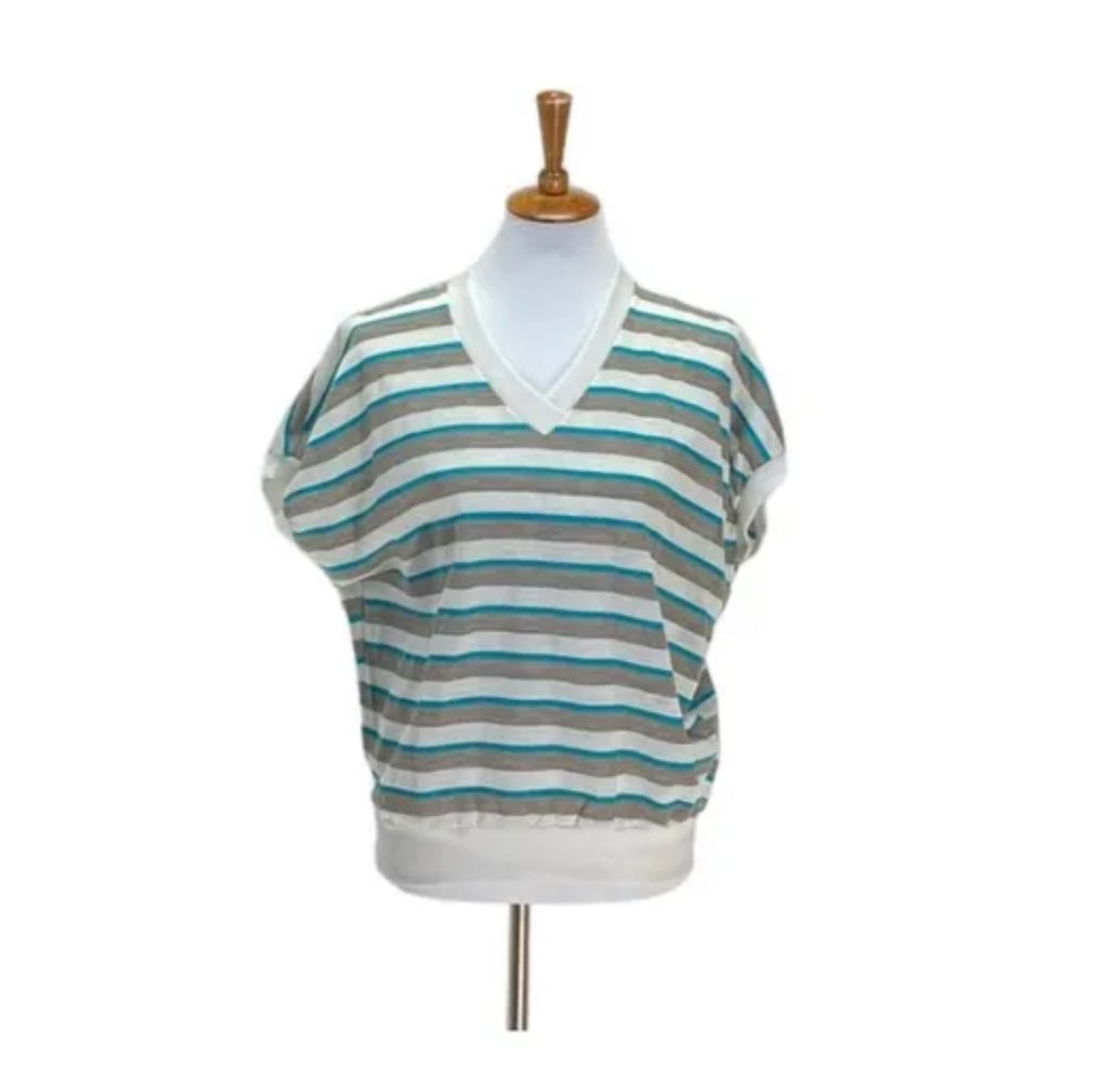 NWT Ginnis Girl Adorable Vintage Knit Top Sz L Off White Beige & Teal Striped