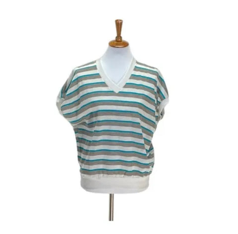 NWT Ginnis Girl Adorable Vintage Knit Top Sz L Off White Beige & Teal Striped