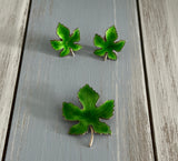 Vintage Jewelry Set Brooch & Clip On Earrings Green Enamel Maple Leaves Leaf