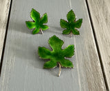 Vintage Jewelry Set Brooch & Clip On Earrings Green Enamel Maple Leaves Leaf