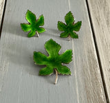 Vintage Jewelry Set Brooch & Clip On Earrings Green Enamel Maple Leaves Leaf