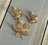 Vintage Jewelry Set Brooch & Clip On Earrings Green Enamel Maple Leaves Leaf