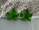 Vintage Jewelry Set Brooch & Clip On Earrings Green Enamel Maple Leaves Leaf