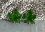 Vintage Jewelry Set Brooch & Clip On Earrings Green Enamel Maple Leaves Leaf