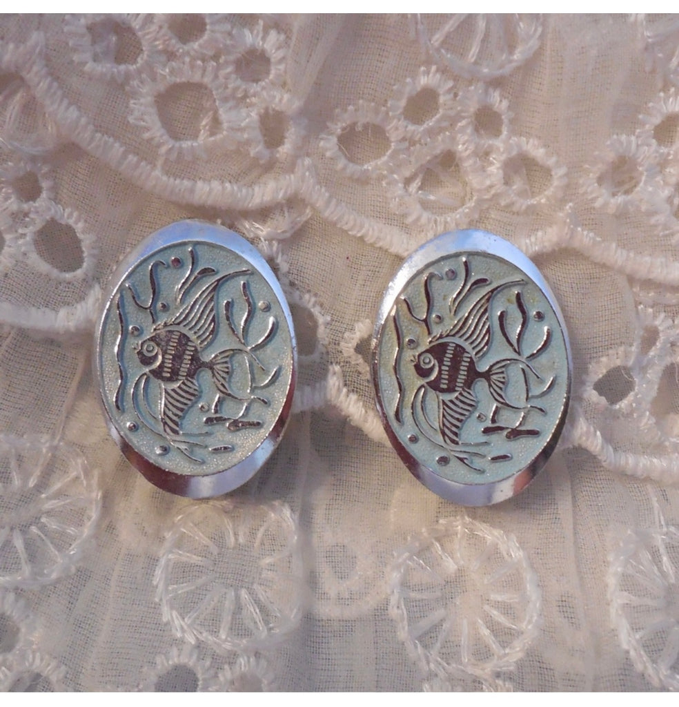 Made in Germany Unique Vintage Clip On Earrings Open Metal Work w Tropical Fish