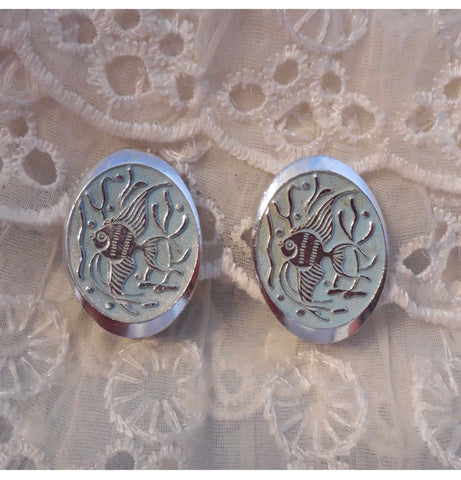 Made in Germany Unique Vintage Clip On Earrings Open Metal Work w Tropical Fish