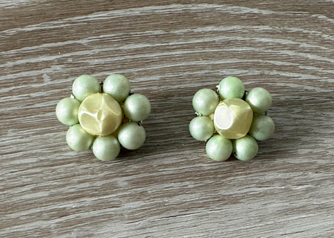 Beautiful Vintage Beaded Cluster Clip On Earrings w Green Beads Signed Japan