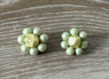 Beautiful Vintage Beaded Cluster Clip On Earrings w Green Beads Signed Japan
