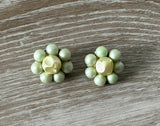 Beautiful Vintage Beaded Cluster Clip On Earrings w Green Beads Signed Japan
