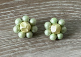 Beautiful Vintage Beaded Cluster Clip On Earrings w Green Beads Signed Japan